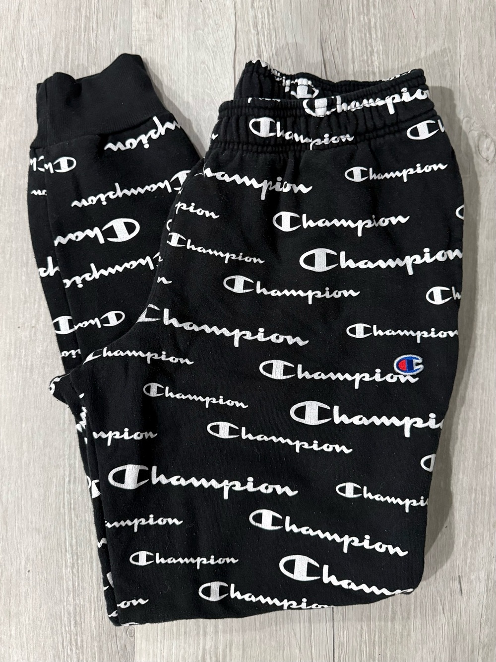 Champion Black All-Over Logo Sweatpants with Small Multicolor Patch